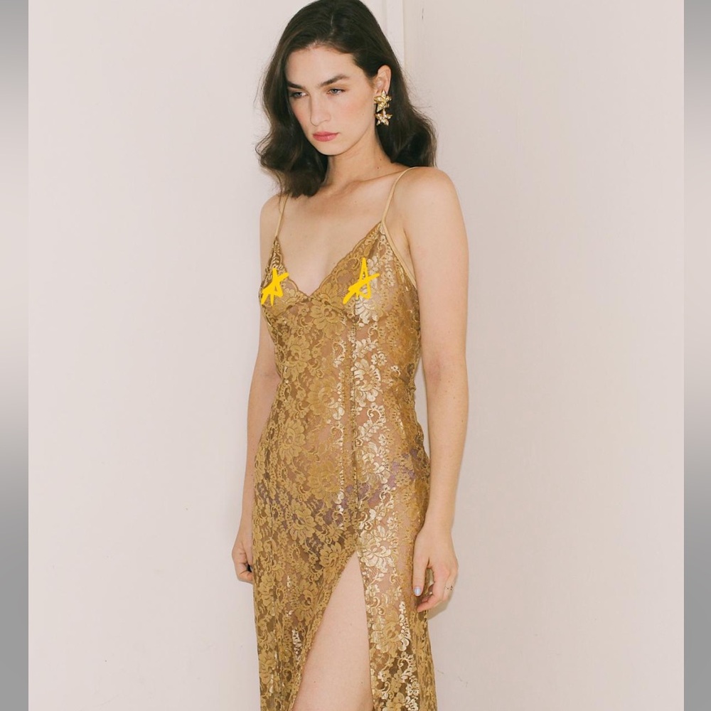 Gold Lace Slip Dress with Spaghetti Straps